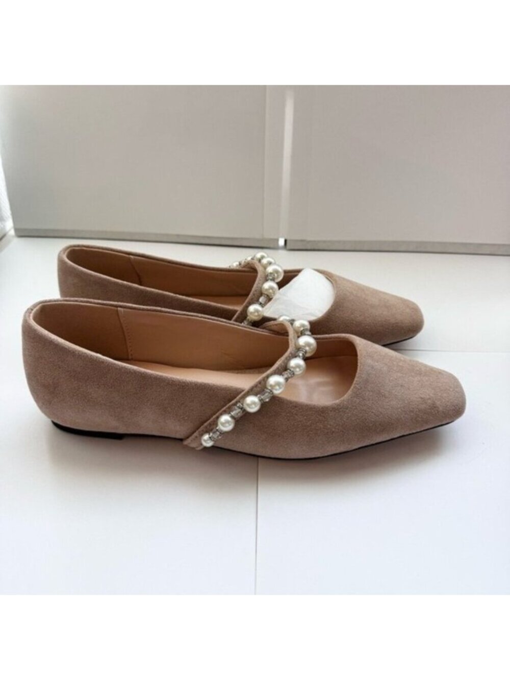 Women Square Toe Slip on Flats Pearl Studded Strap Elegant Size 10 FOWT